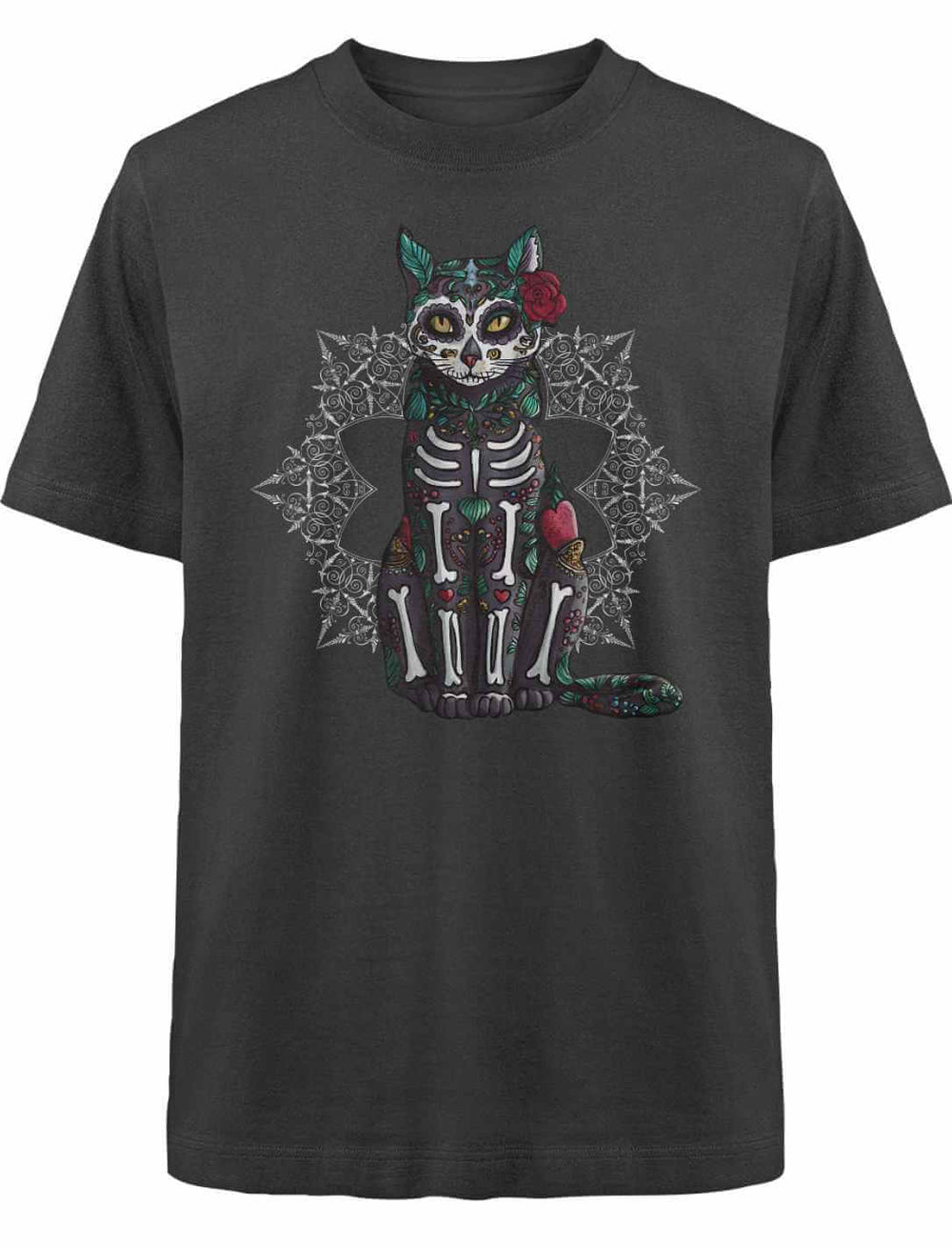 Catrina Felina Unisex Oversized Shirt in Schwarz – Mystisches Design inspiriert vom Día de los Muertos, verziert mit einer eleganten Katzenfigur und floralen Elementen.