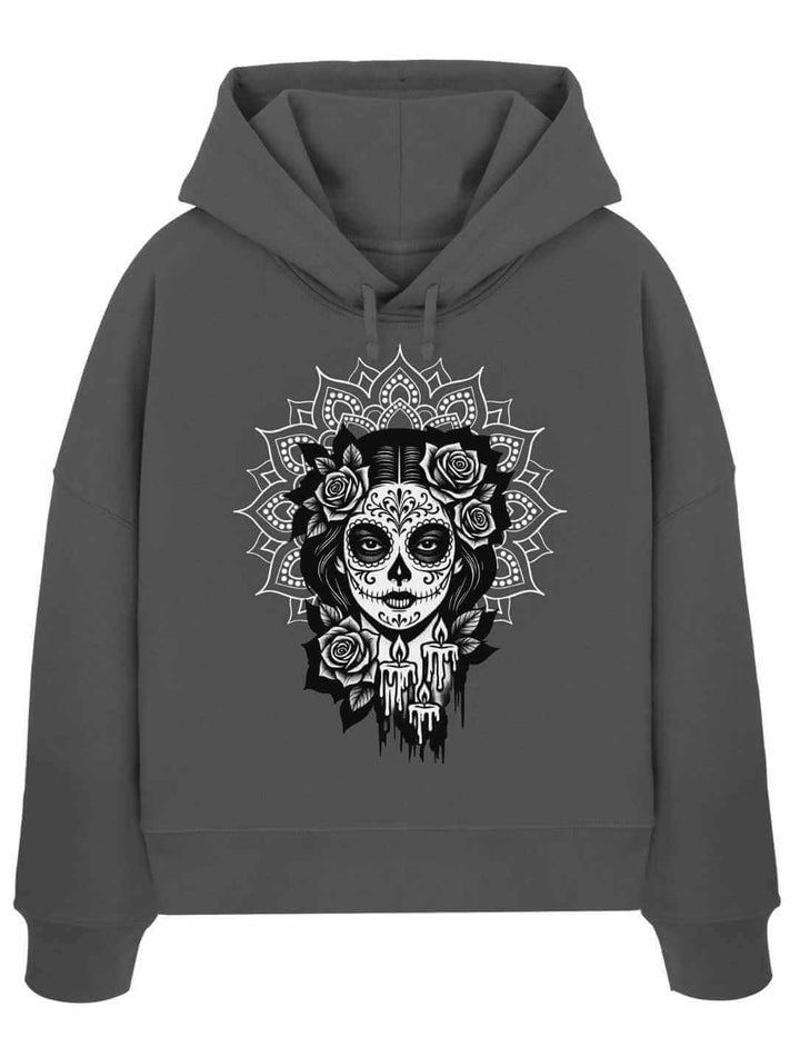 Grauer La Catrina Hoodie mit floralen Ornamenten – stilvolles Día de los Muertos Motiv von Runental