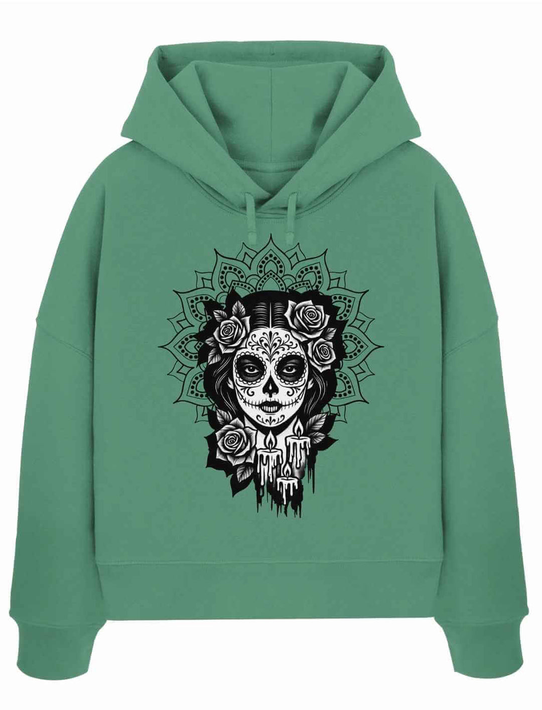 Salbeigrüner La Catrina Hoodie im Boxcut-Stil – nachhaltige Bio-Baumwolle mit kunstvollem Totenkopf-Design