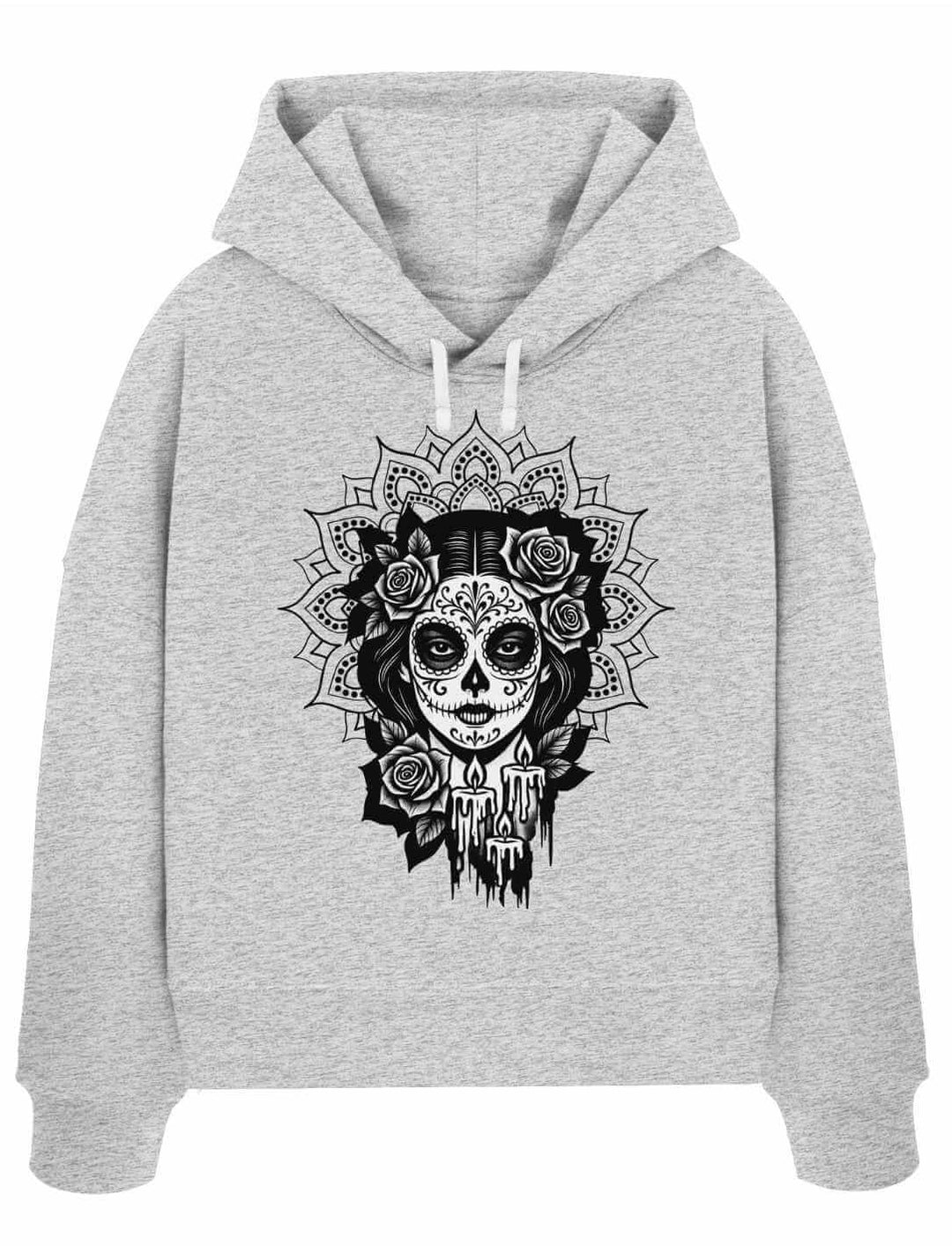 Hellgrauer Boxcut Hoodie mit La Catrina Motiv – Symbol mexikanischer Kultur und weiblicher Stärke