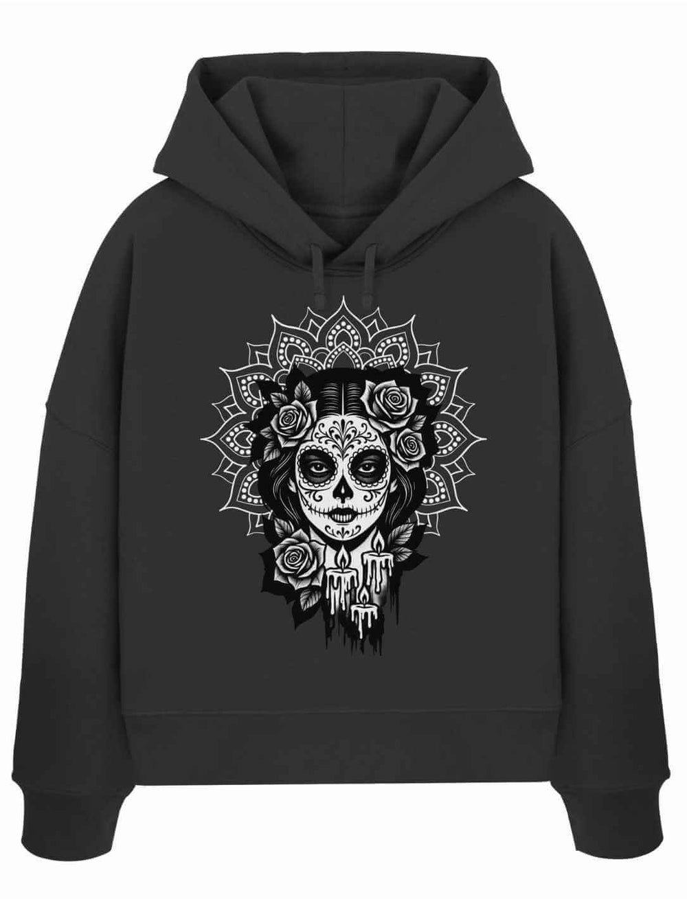 La Catrina Hoodie in Schwarz – markantes Design mit Schädel, Rosen und Mandala-Ornamenten aus der Runental Kollektion