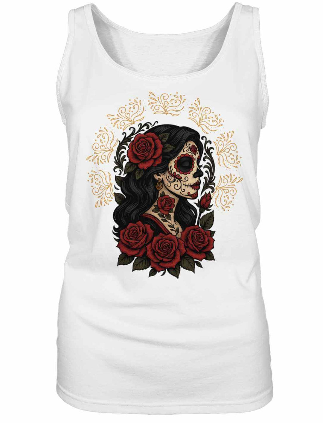 Weißes La Catrina Top mit floralen Elementen und Schädelmotiv – inspiriert von mexikanischer Kunst & Symbolik.