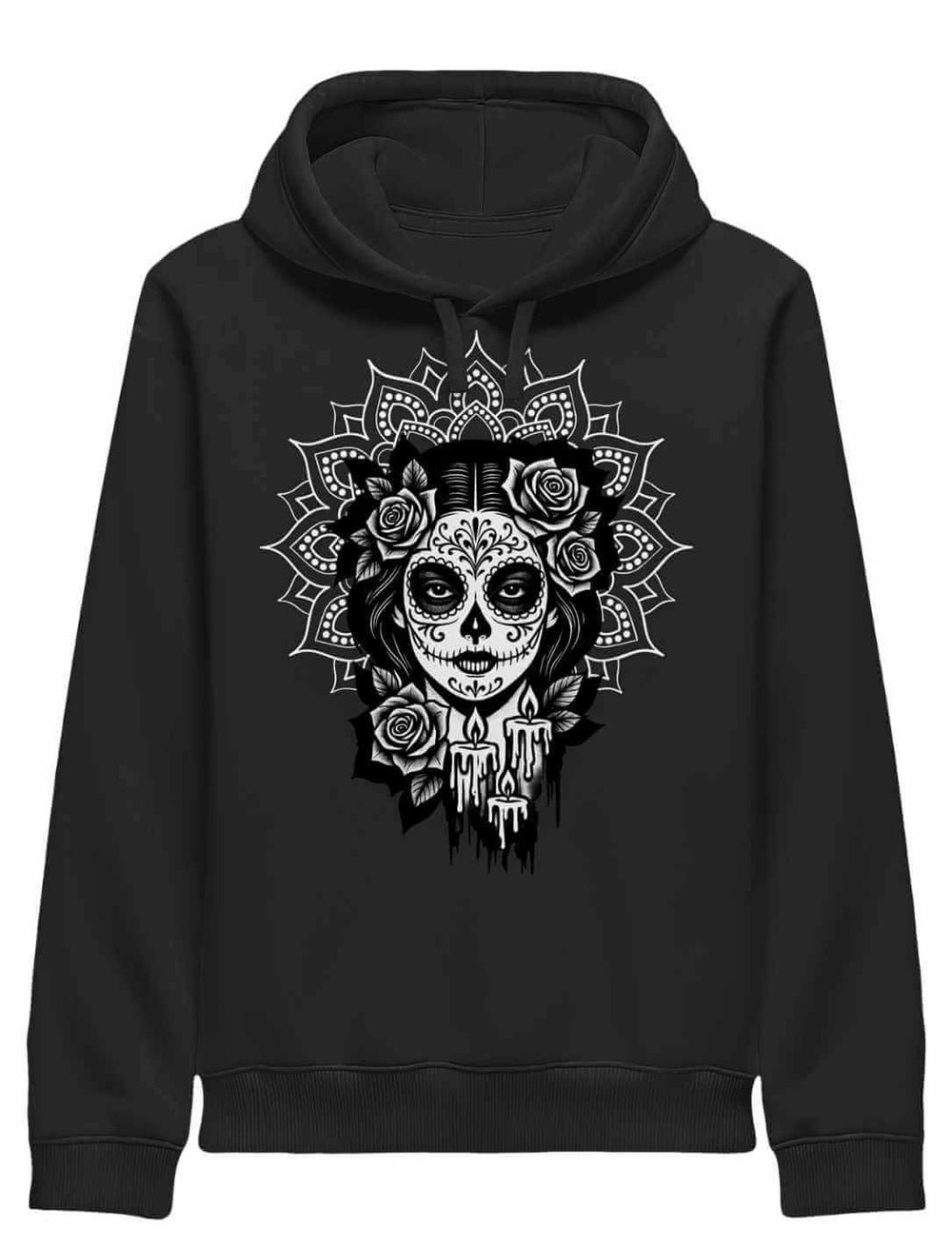 Frau trägt schwarzen Unisex Organic Hoodie „Catrina de las Sombras“ – inspiriert von Mexico, Día de los Muertos und La Catrina