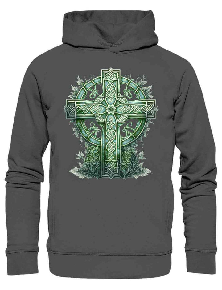 Unisex Organic Hoodie in Anthrazit mit dem Design ‘Celtic Cross Watercolor’ – grünes keltisches Kreuz im Aquarellstil für umweltbewusste Mode.