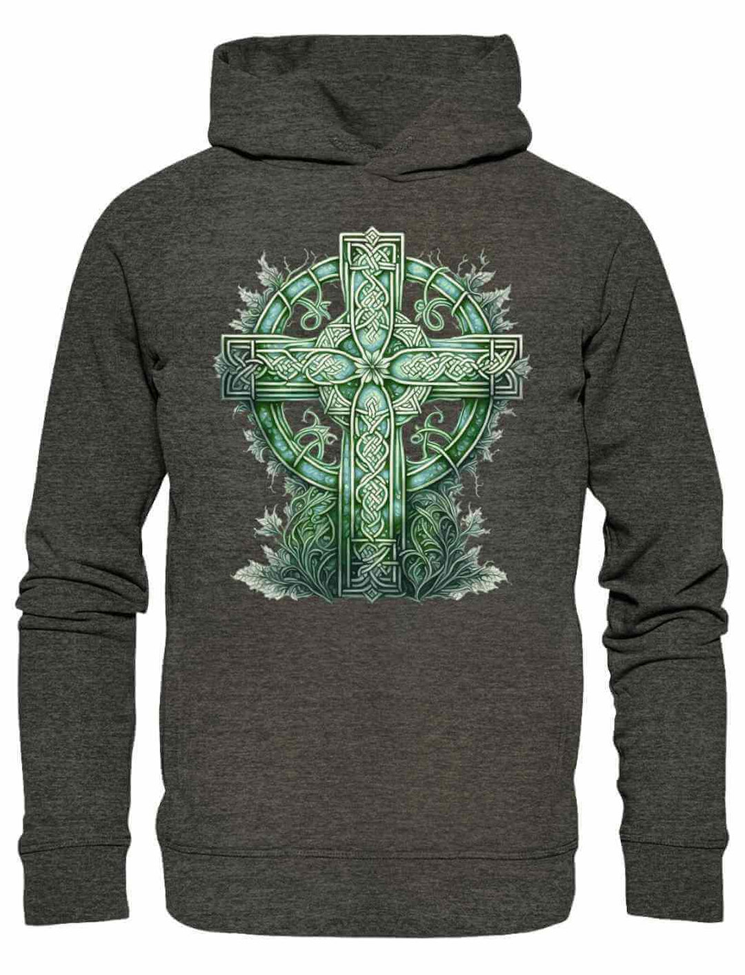 Unisex Organic Hoodie in Dunkelgrau (Dark Heather Grey) mit dem Design ‘Celtic Cross Watercolor’ – dezente Eleganz mit grünem keltischen Kreuz im Aquarellstil.