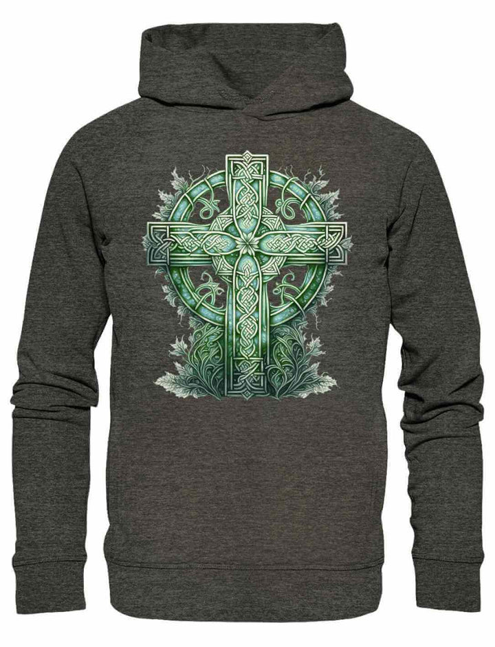 Unisex Organic Hoodie in Dunkelgrau (Dark Heather Grey) mit dem Design ‘Celtic Cross Watercolor’ – dezente Eleganz mit grünem keltischen Kreuz im Aquarellstil.