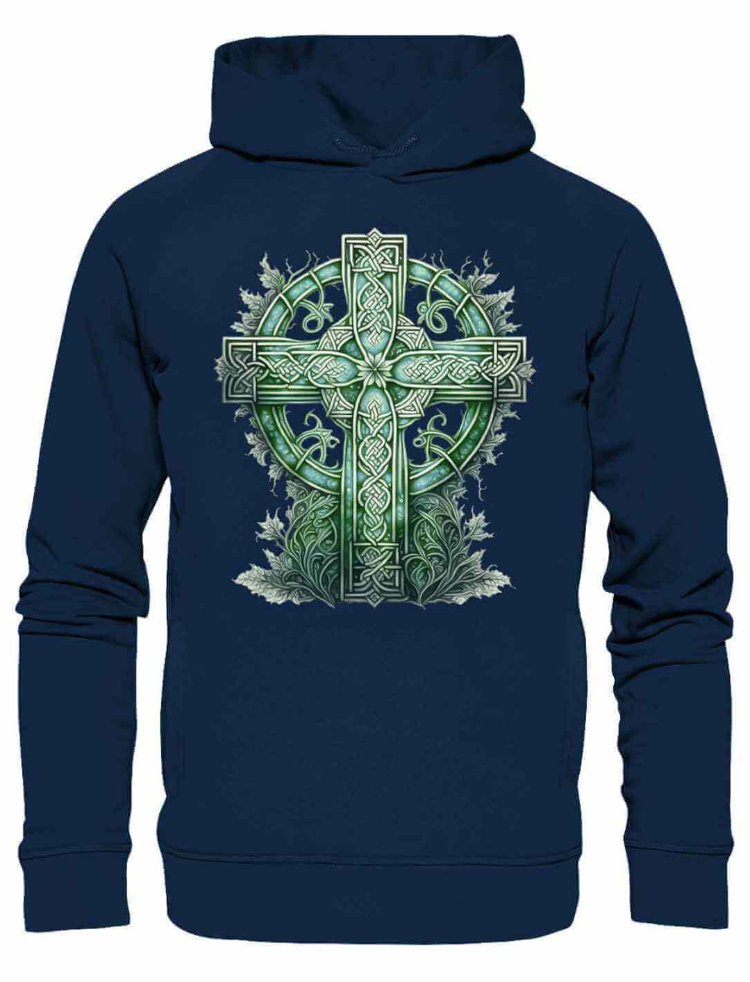 Unisex Organic Hoodie in French Navy mit dem Design ‘Celtic Cross Watercolor’ – grünes keltisches Kreuz im Aquarellstil.