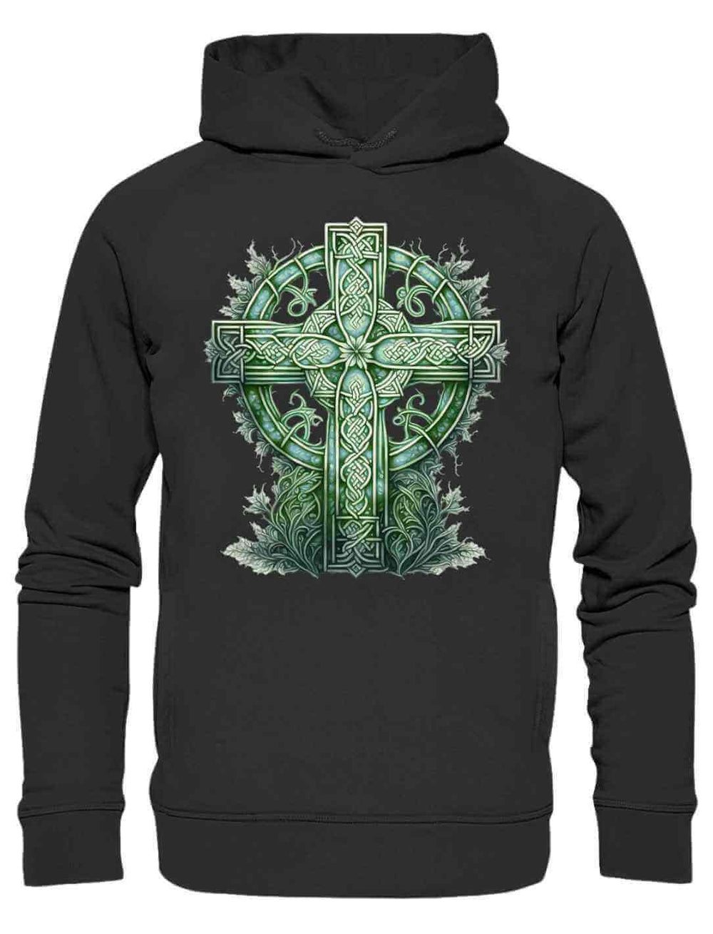 Unisex Organic Hoodie in Schwarz mit dem Design ‘Celtic Cross Watercolor’ – grünes keltisches Kreuz im Aquarellstil, ideal für nachhaltige Mode.