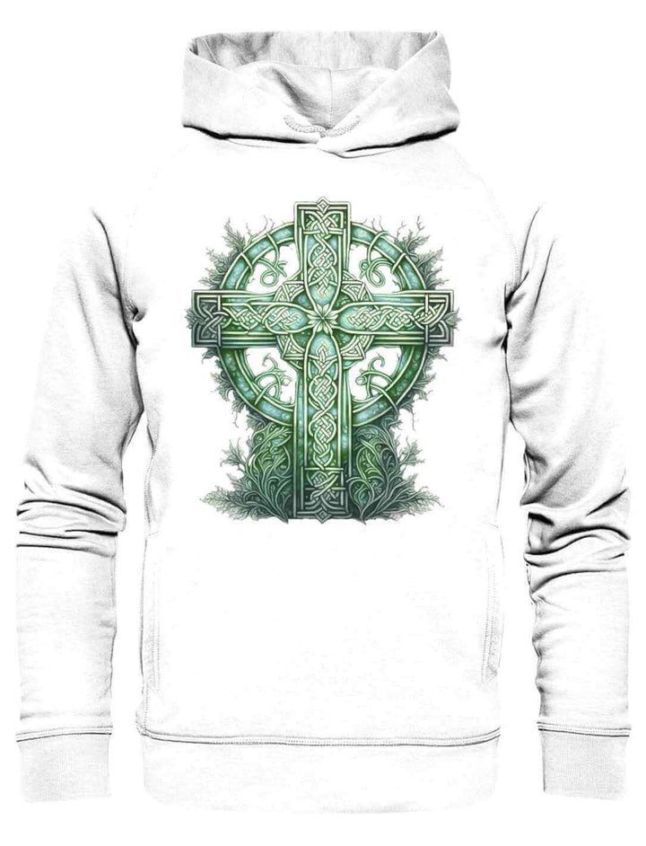 Unisex Organic Hoodie in Weiß mit dem Design ‘Celtic Cross Watercolor’ – grünes keltisches Kreuz im Aquarellstil für einen frischen, modernen Look.