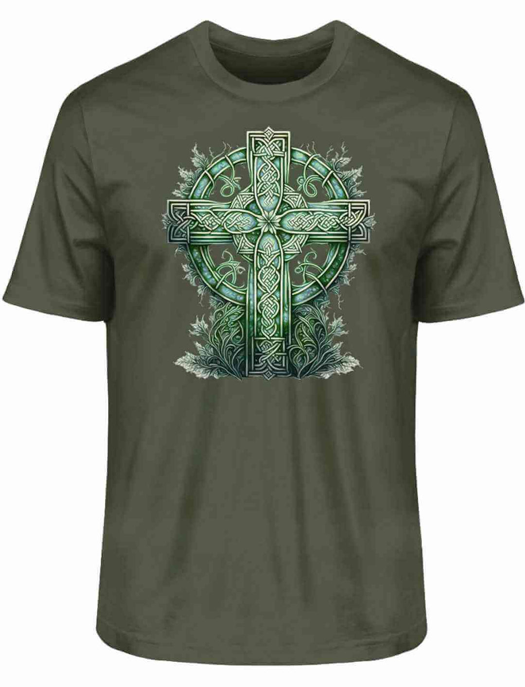 Unisex Organic Shirt in Khaki mit dem Design ‘Celtic Cross Watercolor’ – ein grünes keltisches Kreuz im Aquarellstil, perfekt für Naturfreunde und spirituelle Designs.