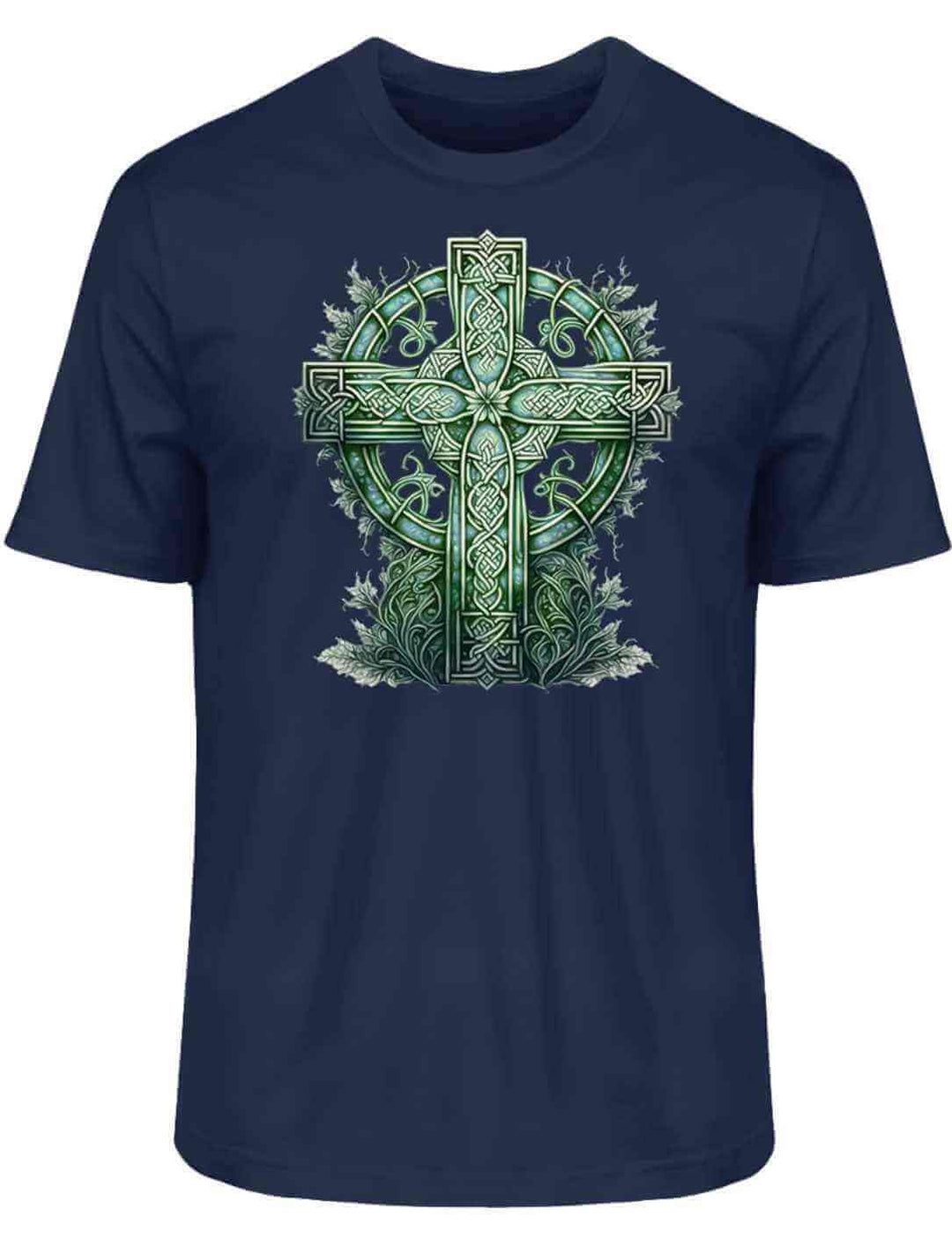 Unisex Organic Shirt in French Navy mit dem Design ‘Celtic Cross Watercolor’ – das grüne keltische Kreuz im Aquarellstil fügt sich harmonisch in die tiefblaue Basis ein.