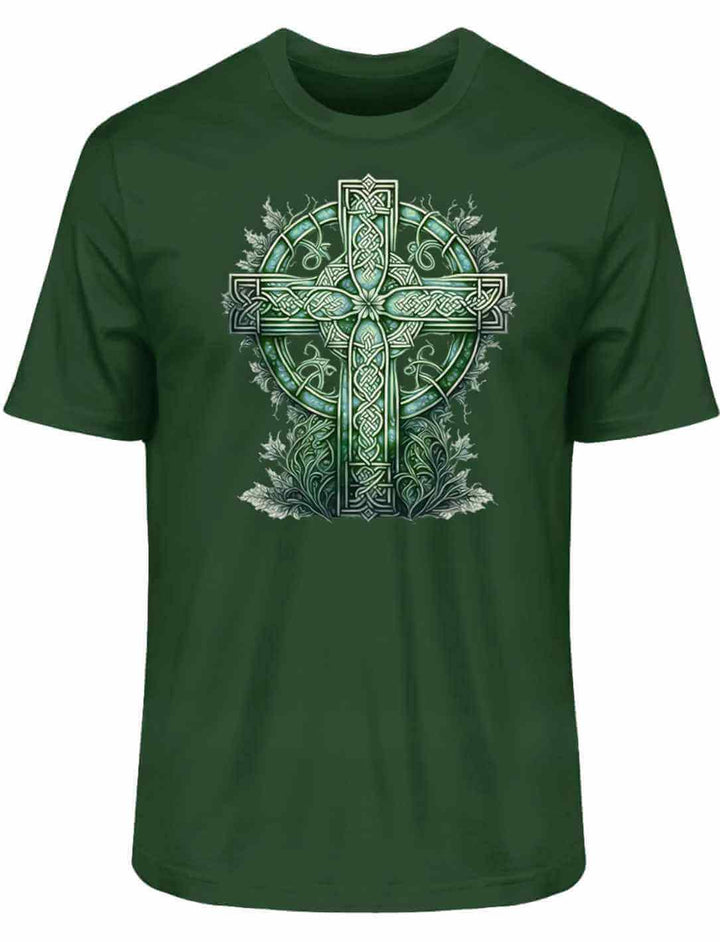 Unisex Organic Shirt in Glazed Green mit dem Design ‘Celtic Cross Watercolor’ – ein harmonisches Zusammenspiel von Grün auf Grün, das die Tiefe des keltischen Kreuzes betont.