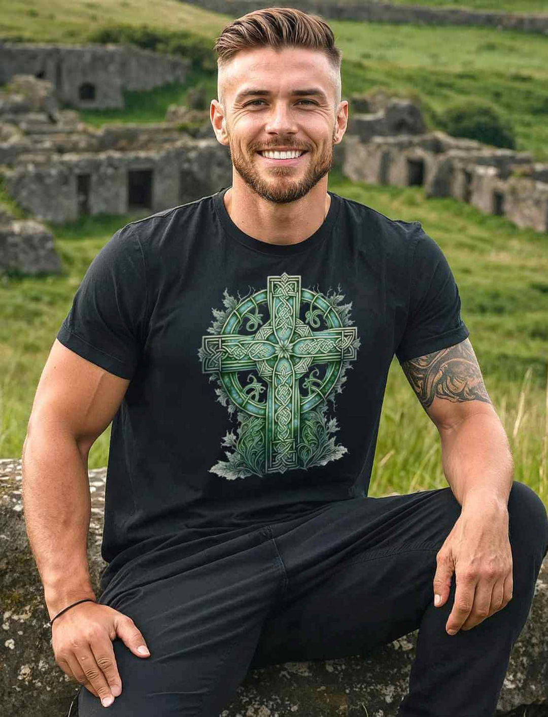 Junger Mann trägt das schwarz Shirt Celtic Cross - Watercolour. Im Hintergrund eine irische Landschaft.