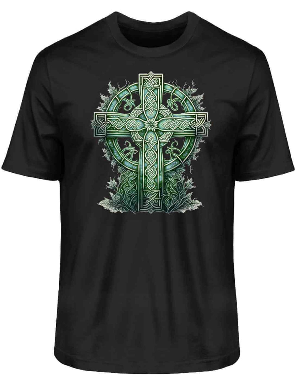 Unisex Organic Shirt in Schwarz mit dem Design ‘Celtic Cross Watercolor’ – ein mystisches grünes keltisches Kreuz im Aquarellstil, ideal für einen eleganten und spirituellen Look