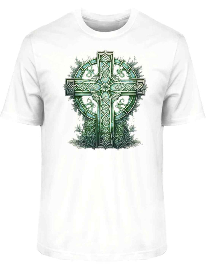 Unisex Organic Shirt in Weiß mit dem Design ‘Celtic Cross Watercolor’ – ein grünes keltisches Kreuz im Aquarellstil, das auf hellem Hintergrund strahlend zur Geltung kommt.