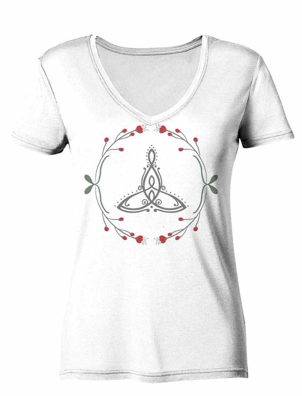 „Celtic Mother“ Damen V-Neck-Shirt in Weiß mit keltischem Muttersymbol und filigranen Naturverzierungen.