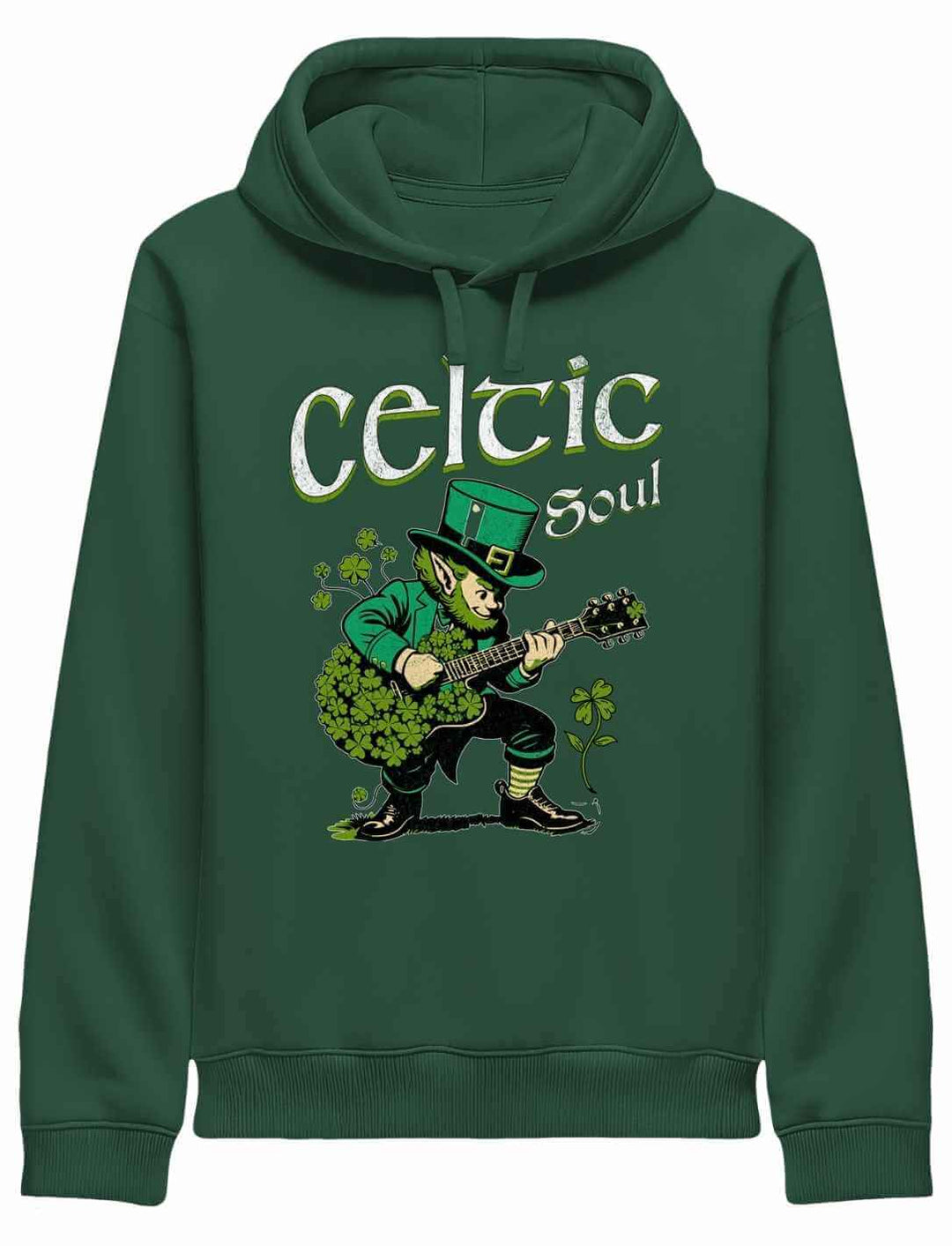 Celtic Soul Kapuzenpullover Bottle Green – Grüner Herren Hoodie mit Leprechaun und Kleeblättern