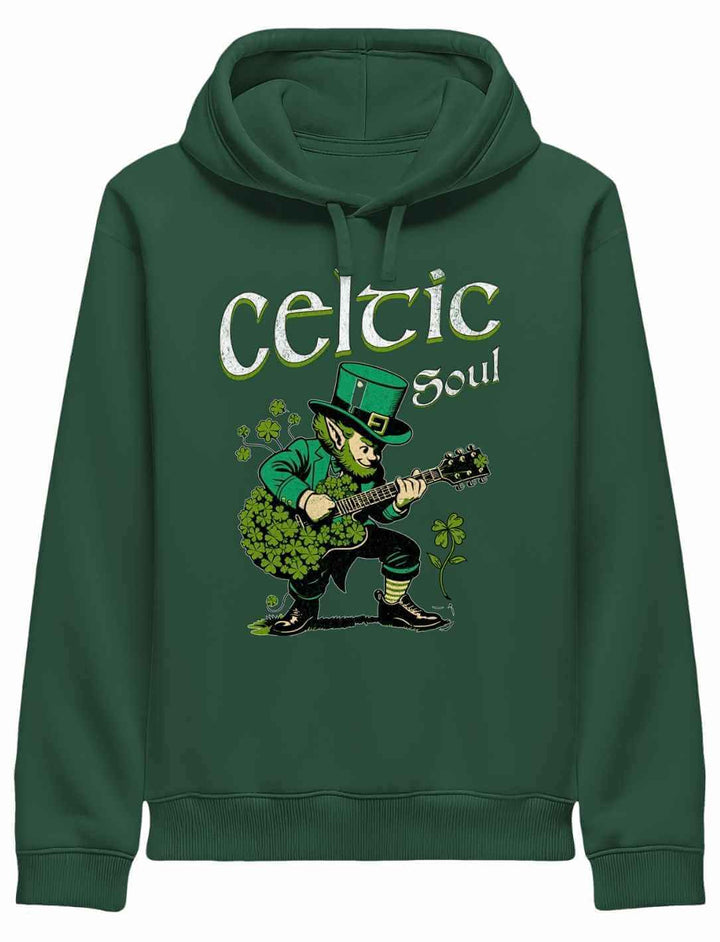 Celtic Soul Kapuzenpullover Bottle Green – Grüner Herren Hoodie mit Leprechaun und Kleeblättern