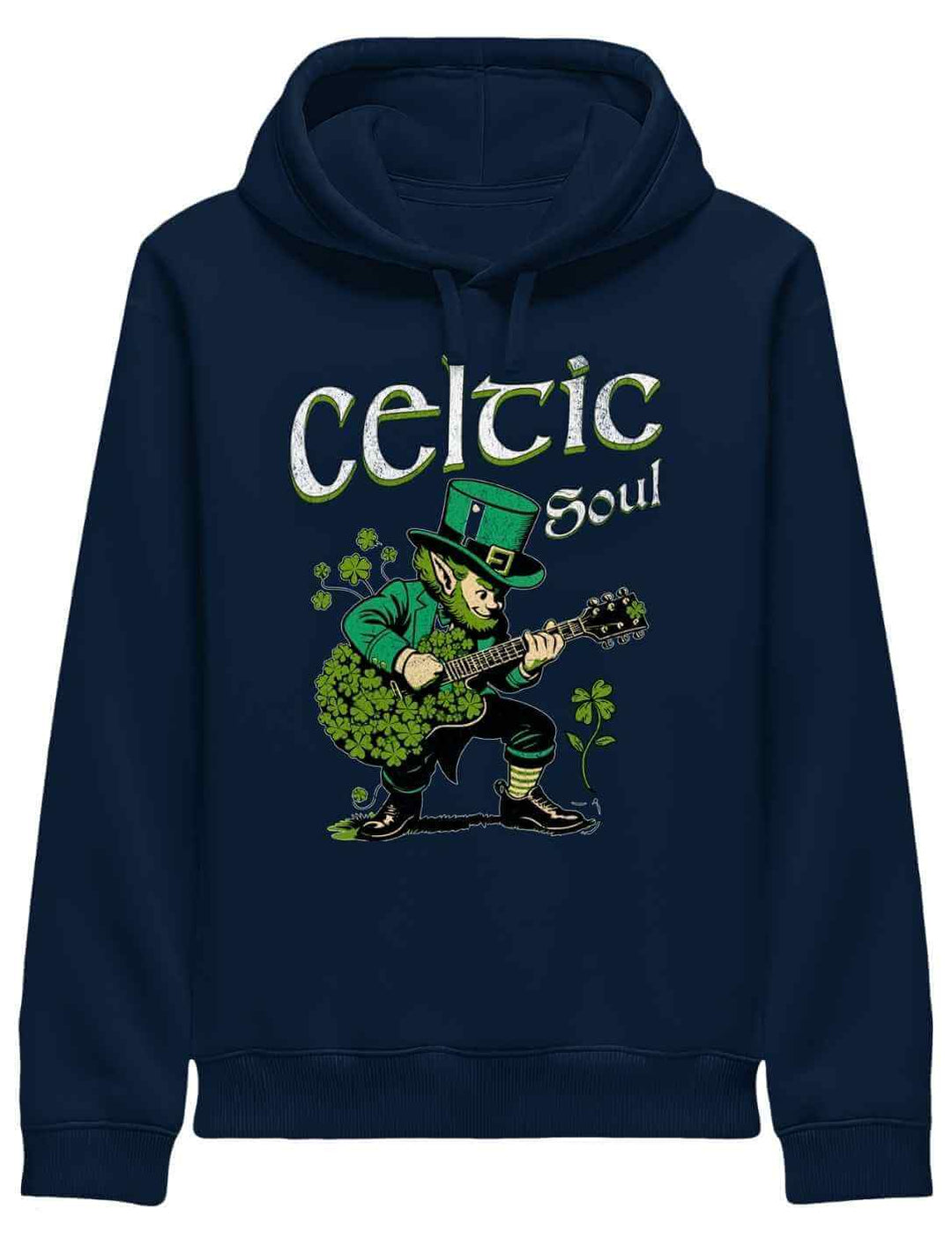 Celtic Soul Hoodie French Navy – Dunkelblauer Organic Kapuzenpullover mit Leprechaun Gitarrenmotiv