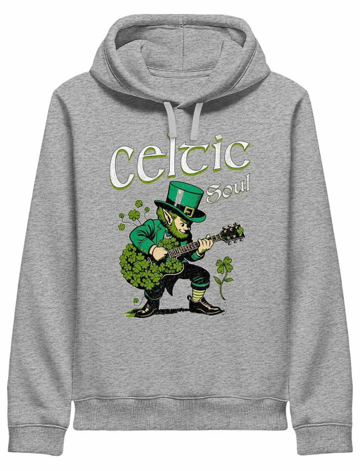 Celtic Soul Hoodie Heather Grey – Grauer Organic Kapuzenpullover für Herren mit Leprechaun Design