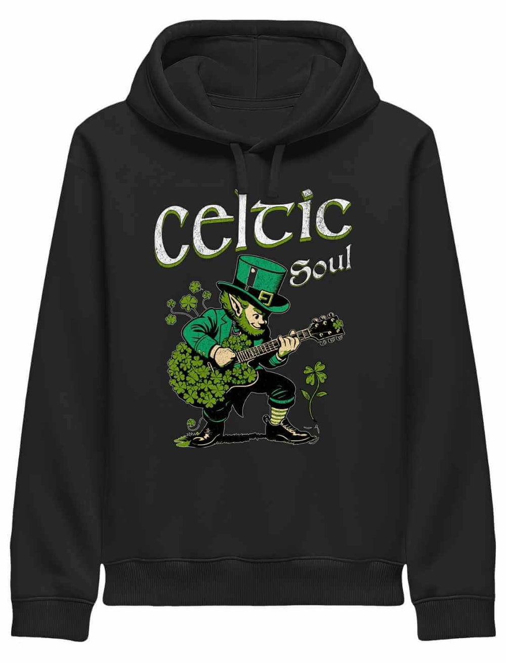 Celtic Soul Hoodie Schwarz – Organic Kapuzenpullover für Herren mit irischem Leprechaun Motiv und Schriftzug