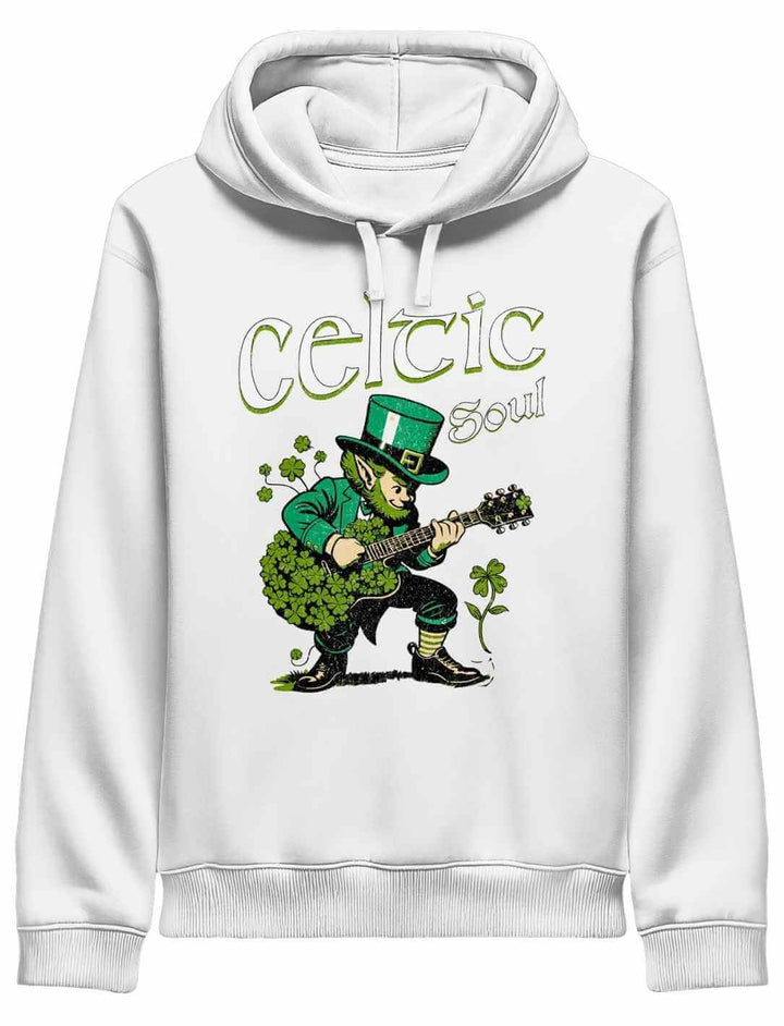 Celtic Soul Kapuzenpullover Weiß – Herren Organic Hoodie mit irischem Musikmotiv und Kleeblättern