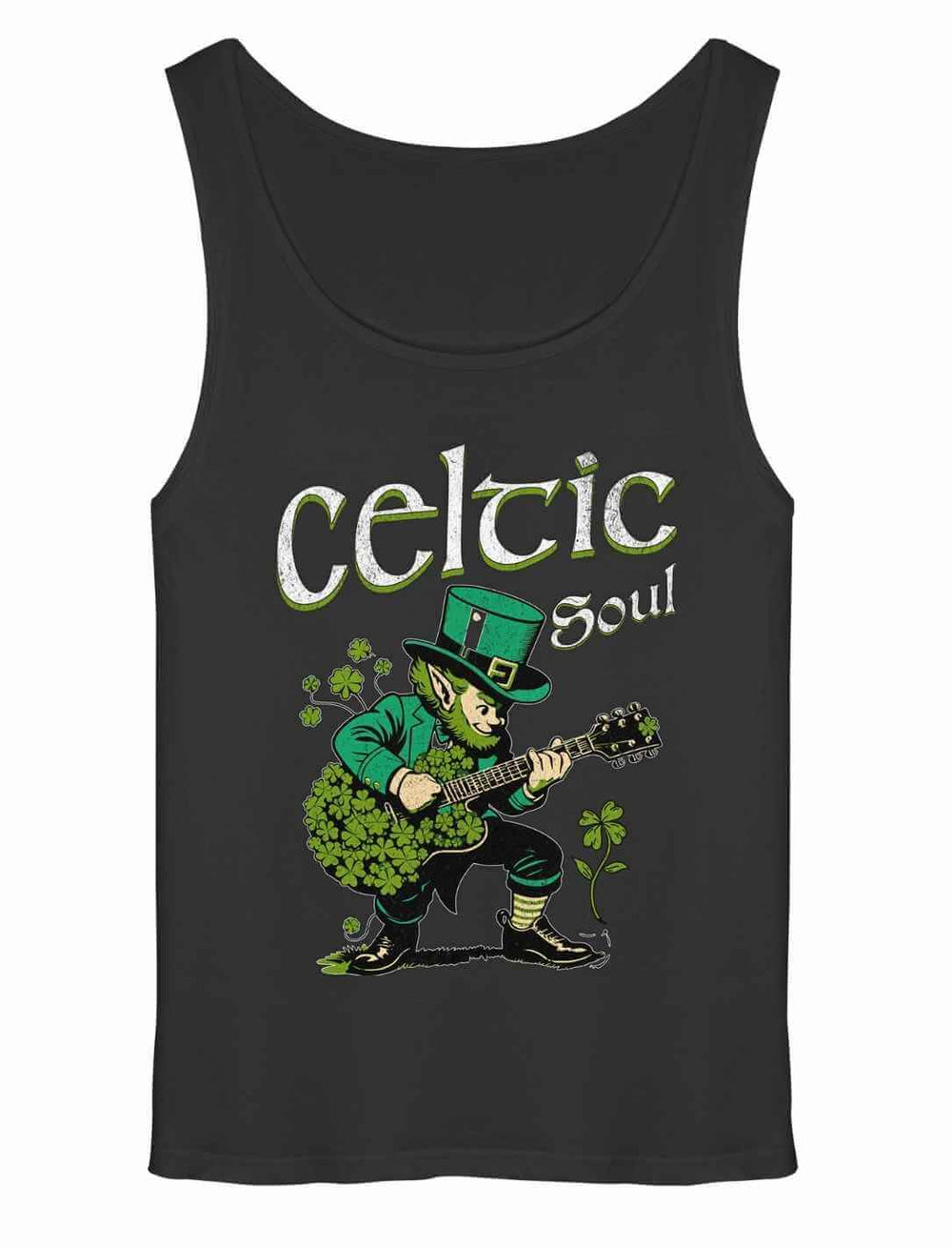 Celtic Soul Relaxed Tank Top Schwarz – irisches Männer Tanktop mit Leprechaun und Gitarre Print, Long Fit Baumwolle
