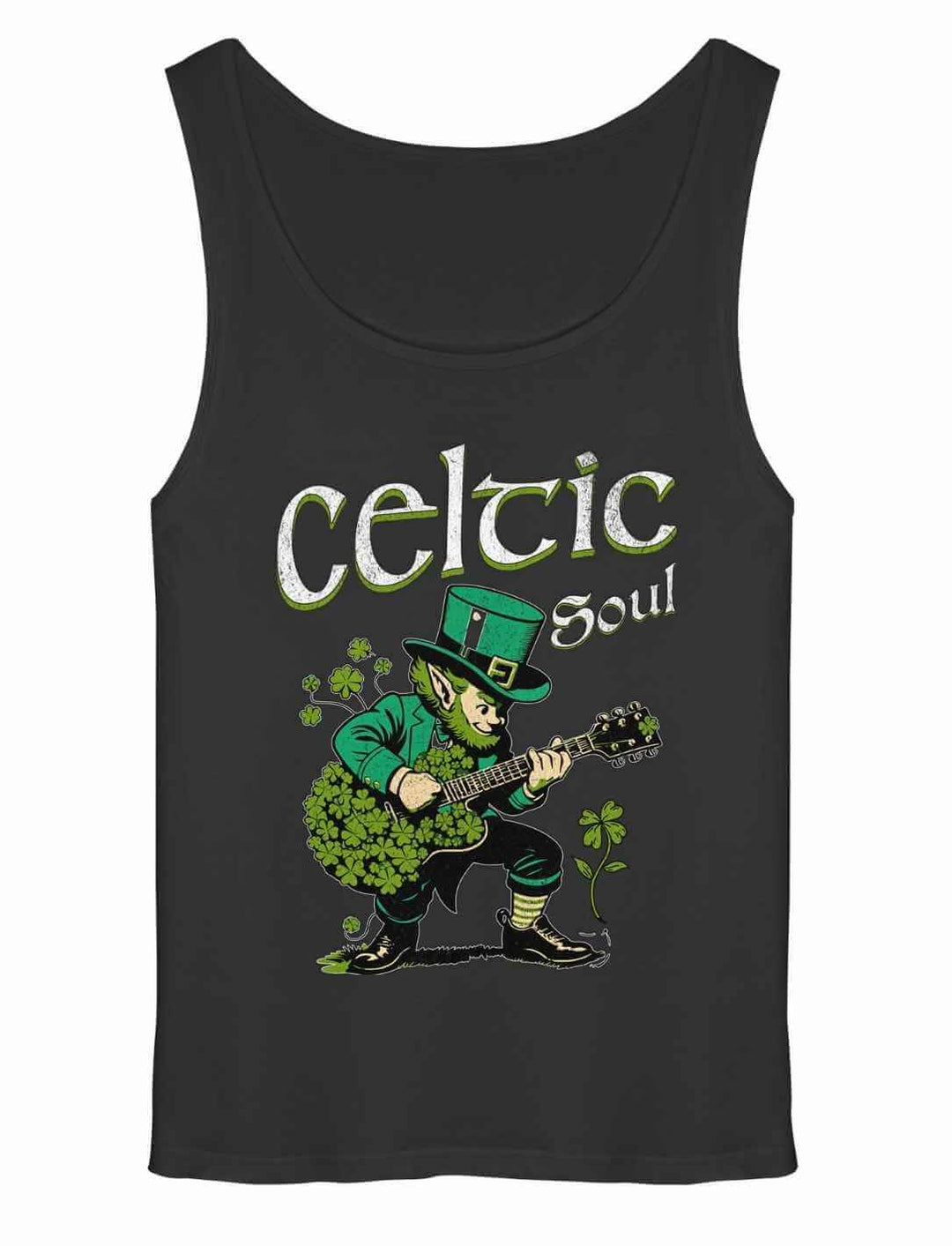 Celtic Soul Relaxed Tank Top Schwarz – irisches Männer Tanktop mit Leprechaun und Gitarre Print, Long Fit Baumwolle