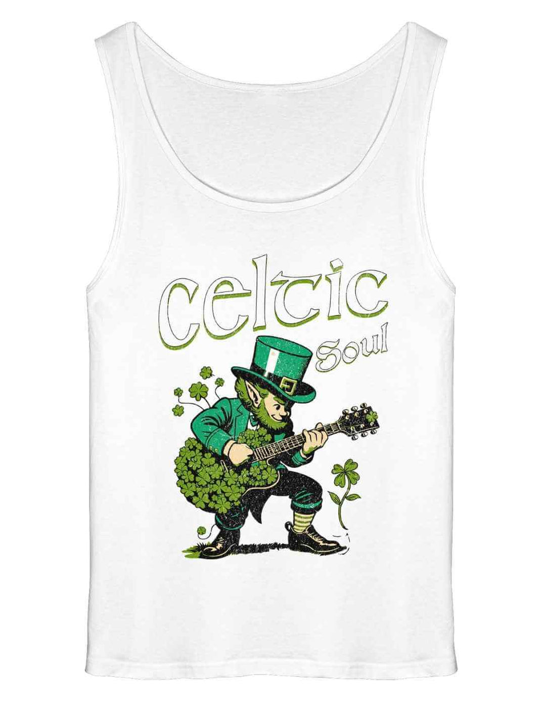 Celtic Soul Tank Top Weiß für Männer – irischer Leprechaun mit Gitarre, Relaxed Fit Baumwoll Tank
