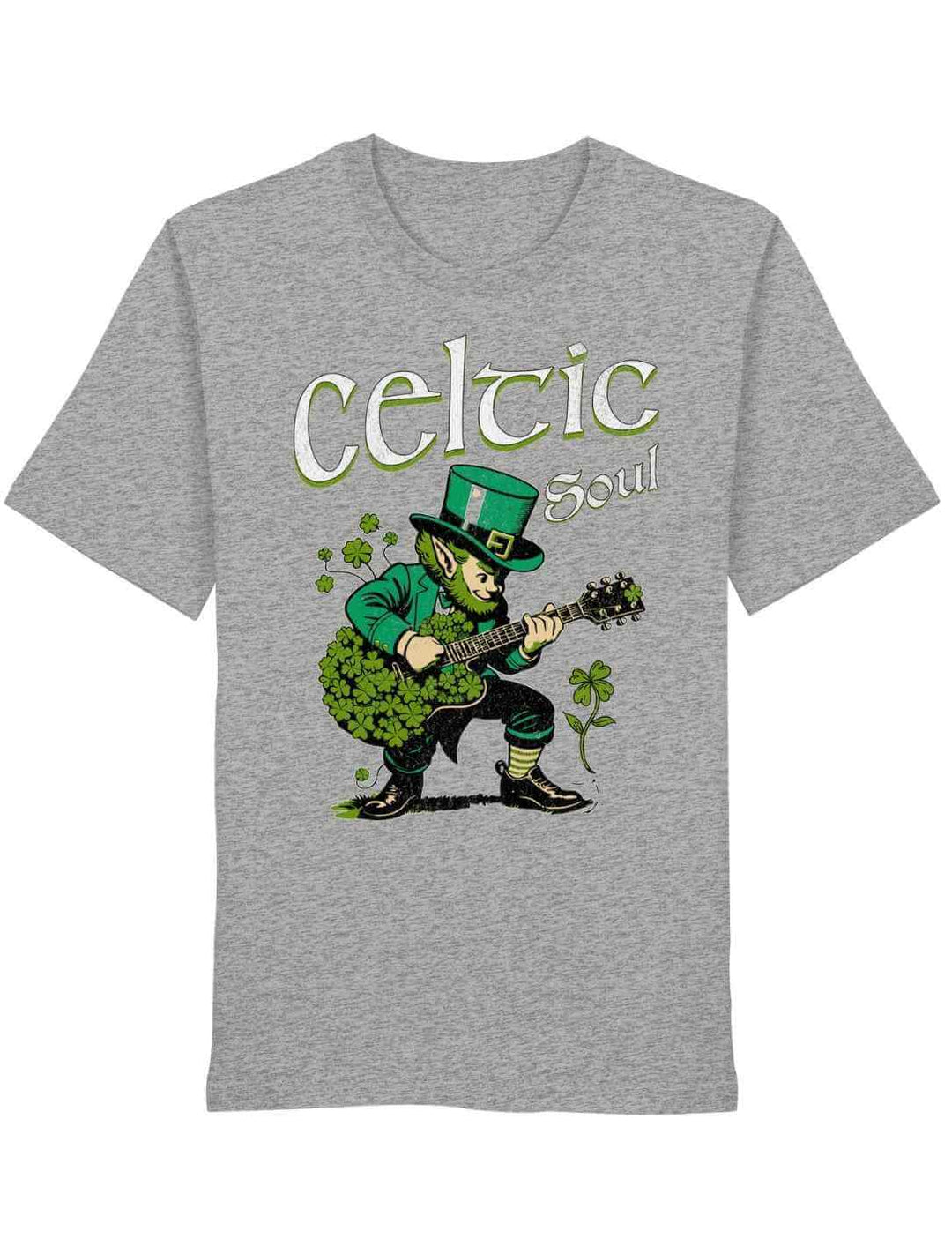 Celtic Soul T-Shirt heathergrey mit Leprechaun Motiv und keltischer Schrift