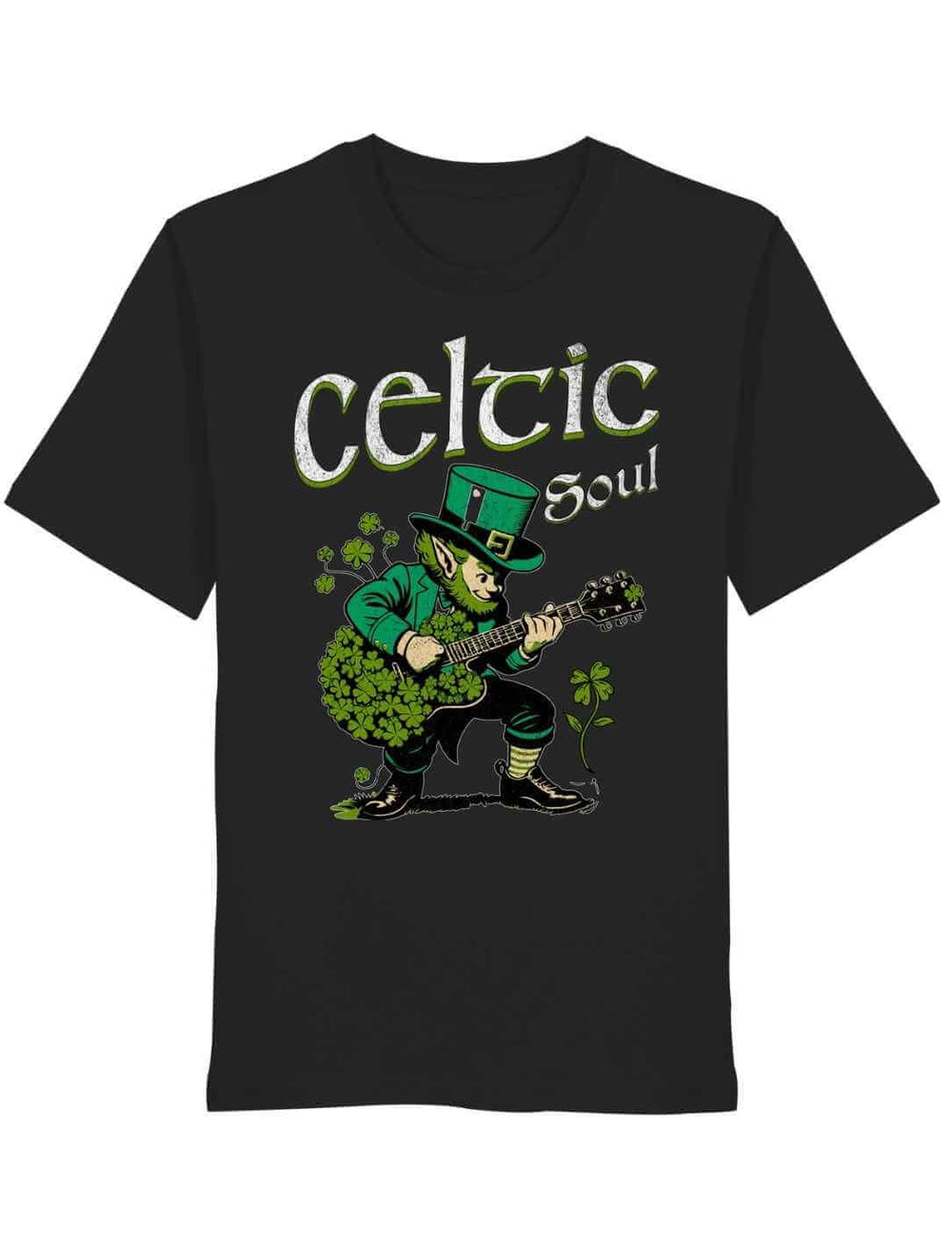 Celtic Soul T-Shirt schwarz mit Leprechaun Motiv und keltischer Schrift