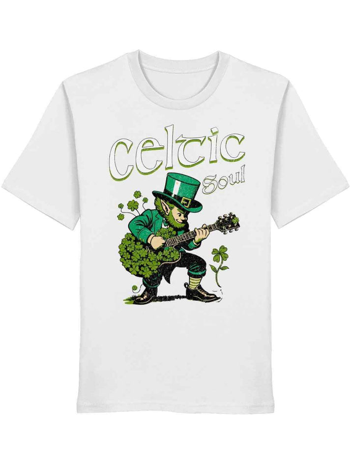Celtic Soul T-Shirt weiß mit grünem Leprechaun und irischem Design