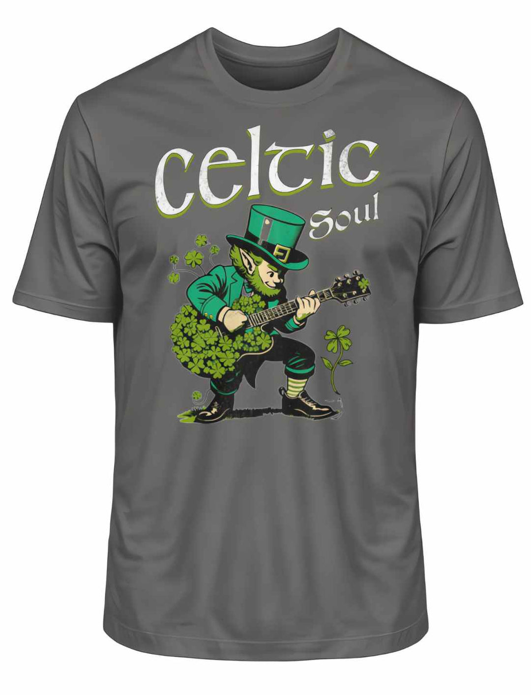 Celtic Soul T-Shirt in Anthrazit, Detailansicht des Kobold-Designs, vor weißem Hintergrund.