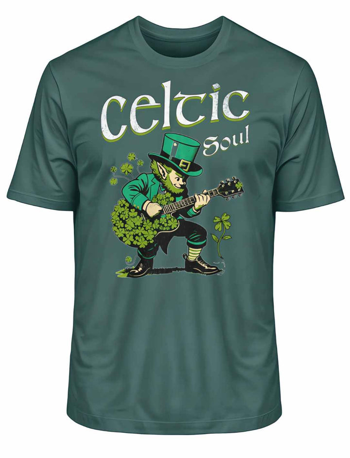 Celtic Soul T-Shirt in Glazed Green, vollständige Ansicht, präsentiert auf weißem Hintergrund, mit Leprechaun-Motiv.