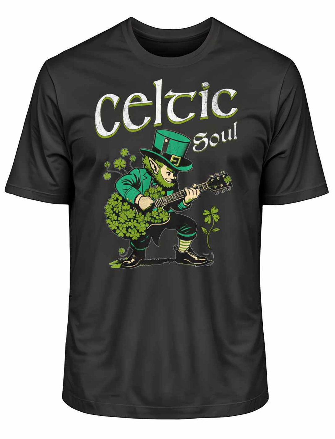 Celtic Soul T-Shirt in Schwarz, flach liegend auf weißem Hintergrund, zeigt fröhlichen Kobold mit Gitarre.