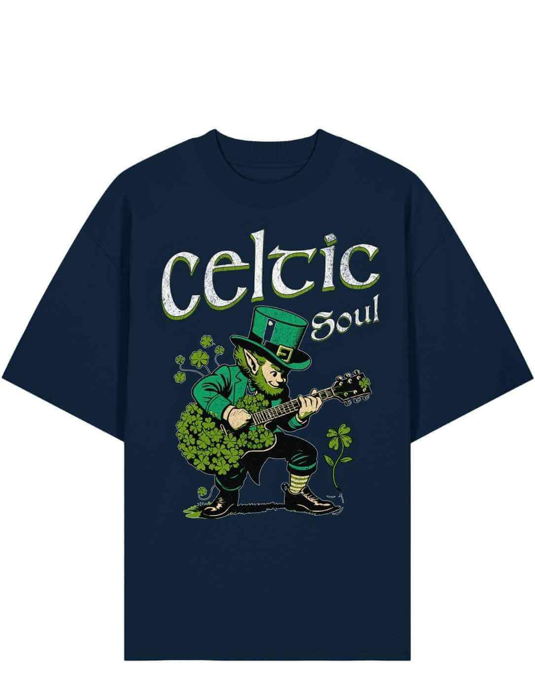 Dunkelblaues Irish Oversized Shirt „Celtic Soul“ mit Leprechaun Gitarrist – Relaxed Fit Herren
