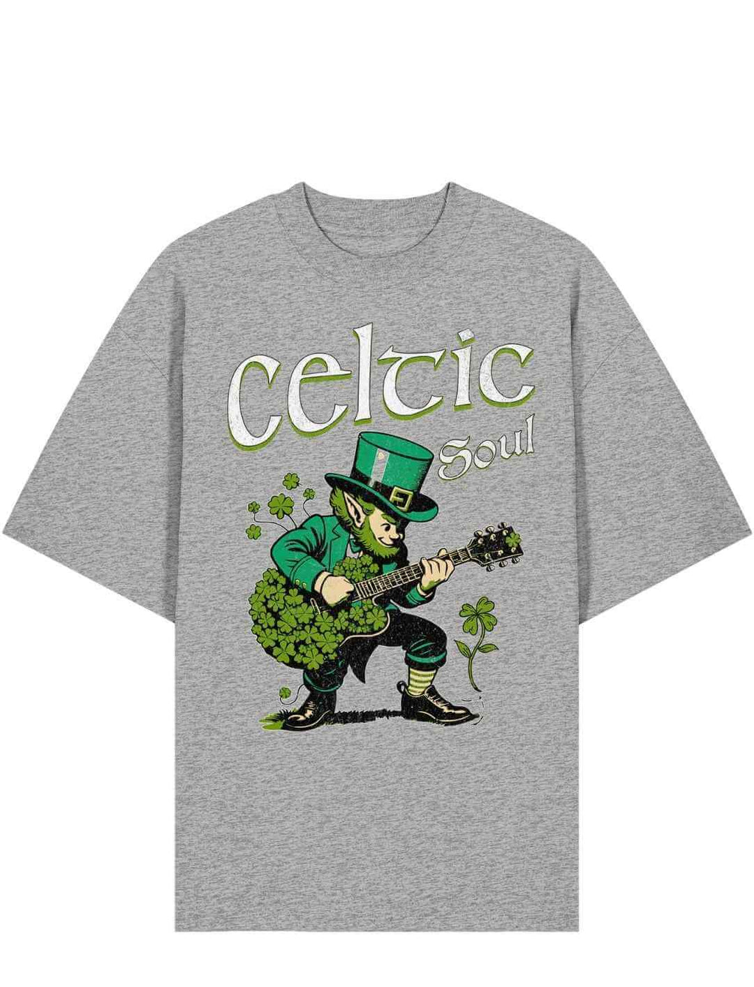 Grau meliertes Oversized Irish T-Shirt „Celtic Soul“ mit grünem Leprechaun Motiv – Herren Relaxed Fit