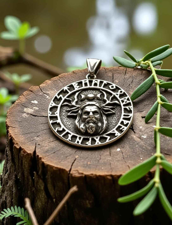Keltisches Amulett mit Darstellung des gehörnten Gottes Cernunnos – detailreich gearbeiteter Edelstahlanhänger auf Holzscheibe zwischen Blättern.