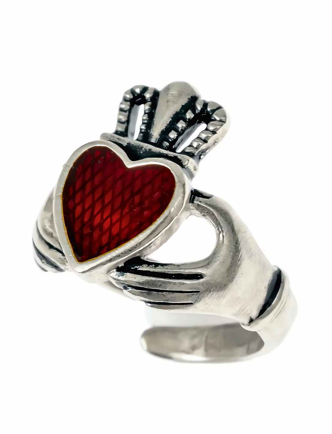 Claddagh Ring der Treue – Liebes- und Freundschaftsring aus echt versilberter Bronze mit roter Glaseinlage auf weißem Hintergrund