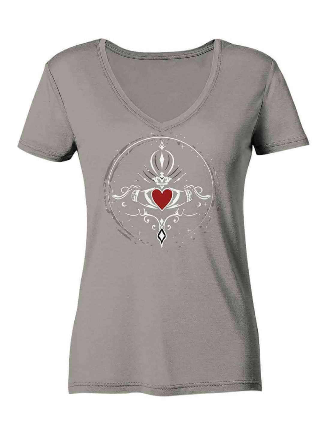 Graues Damen V-Neck Shirt mit Claddagh-Motiv – Ein schlichtes, stilvolles Shirt mit tiefgründiger Symbolik, gezeigt auf weißem Hintergrund.