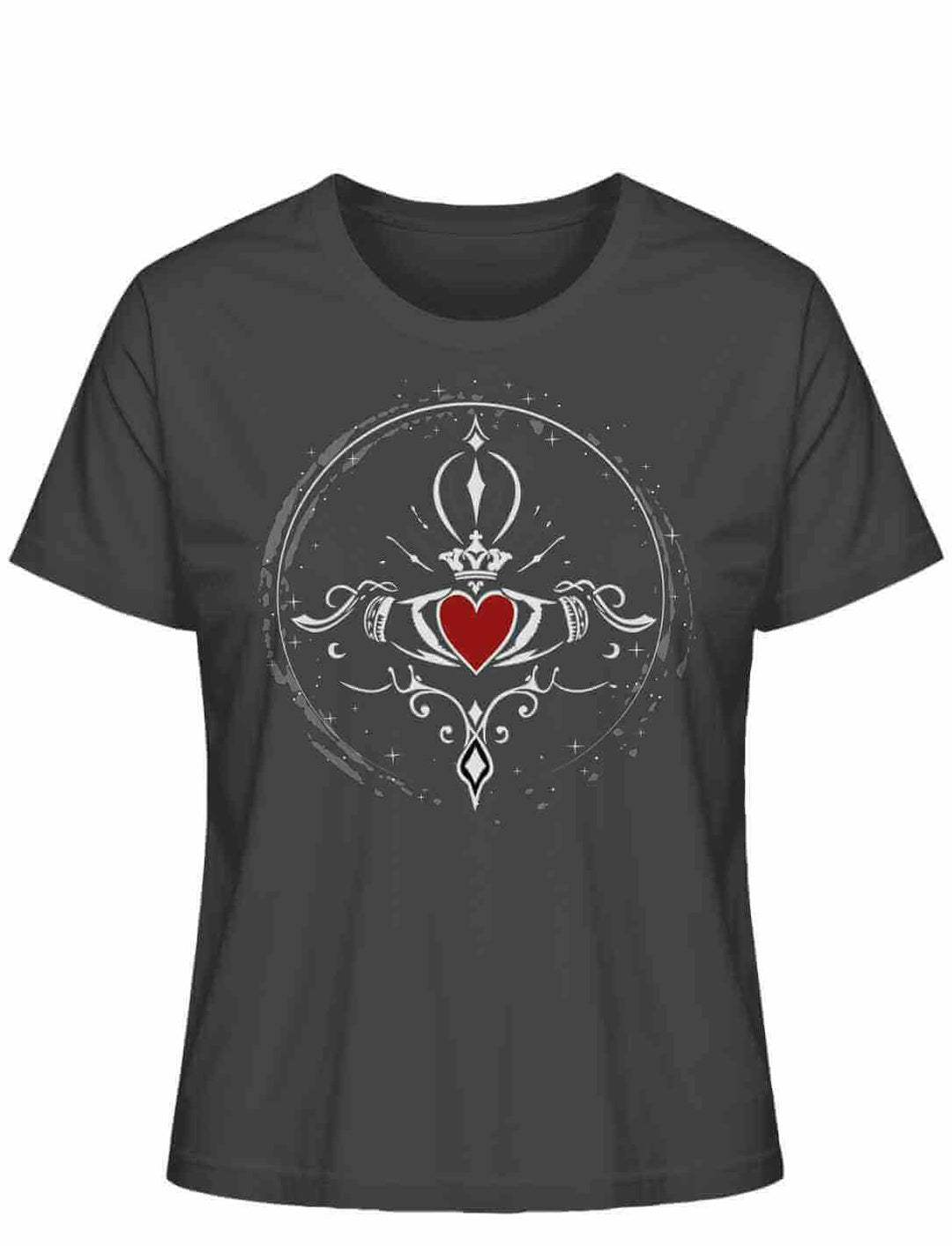 Damen T-Shirt in edlem Anthrazit-Ton, mit Claddagh-Motiv, umweltfreundlich produziert.