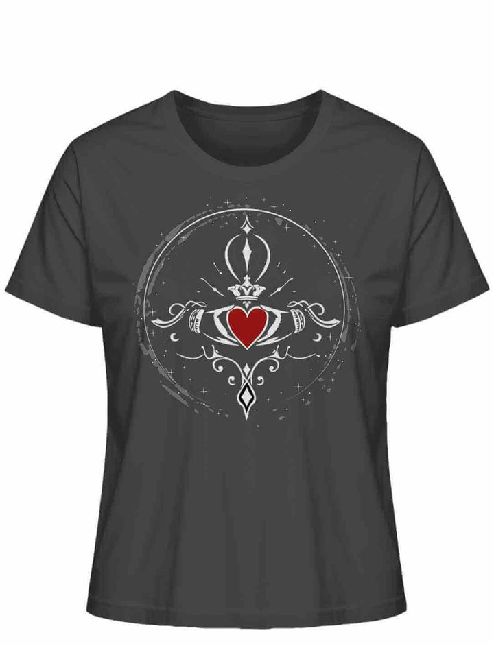 Damen T-Shirt in edlem Anthrazit-Ton, mit Claddagh-Motiv, umweltfreundlich produziert.