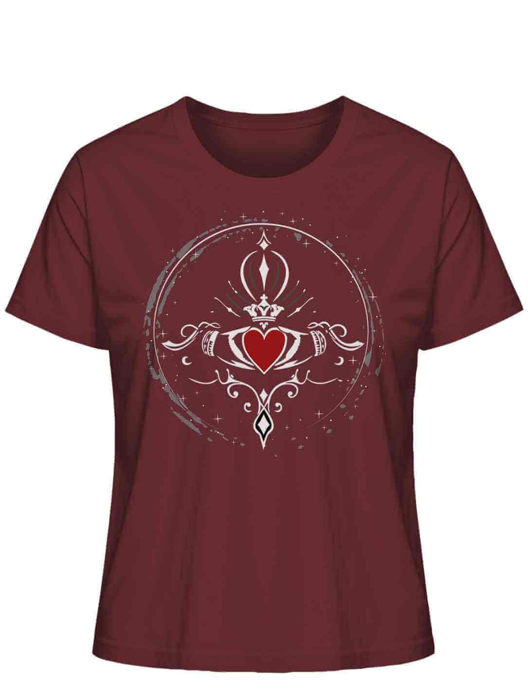 Elegantes Damen T-Shirt aus Bio-Baumwolle, mit romantischem Claddagh-Motiv, in tiefem Burgundrot.