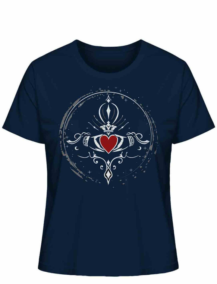 Keltischs inspiriertes Damen T-Shirt aus Bio-Materialien, mit Claddagh-Symbol und Herz, in navyblau.