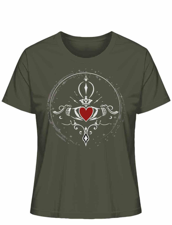 Nachhaltiges Damen T-Shirt in khakifarbener Ausführung, verziert mit dem Symbol der ewigen Liebe, gefertigt aus Bio-Baumwolle.