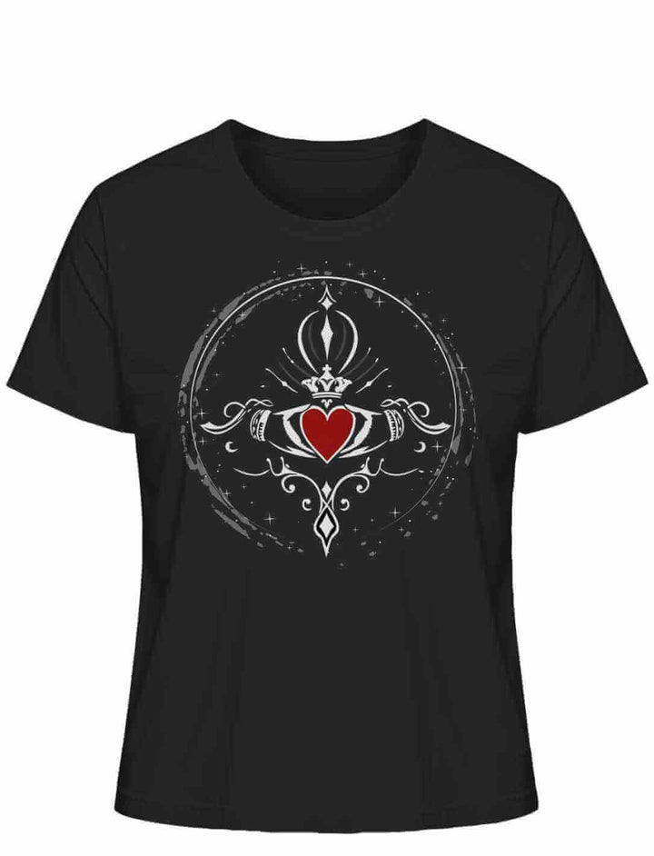 Damen T-Shirt aus 100% Bio-Baumwolle, bedruckt mit dem Claddagh-Symbol der ewigen Liebe, in stilvollem Schwarz.