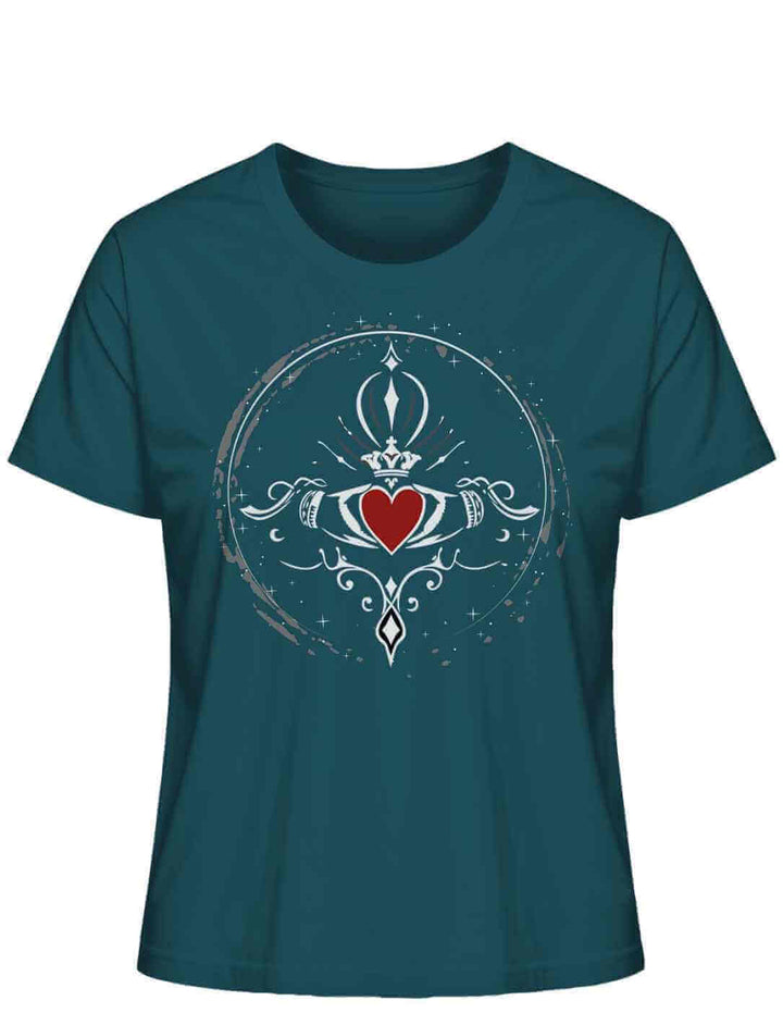 Damen T-Shirt aus 100% Bio-Baumwolle, mit dem Claddagh-Symbol der ewigen Liebe, in der außergewöhnlichen Farbe Stargazer.