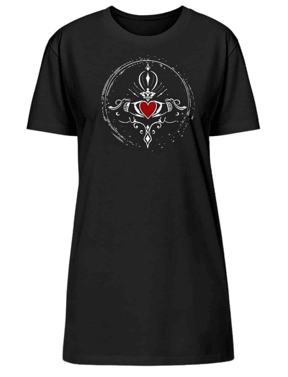 Darstellung des schwarzen Damen T-Shirt Kleids aus 100% Bio-Baumwolle, verziert mit dem Claddagh-Symbol der ewigen Liebe, bestehend aus Herz, Händen und Krone.