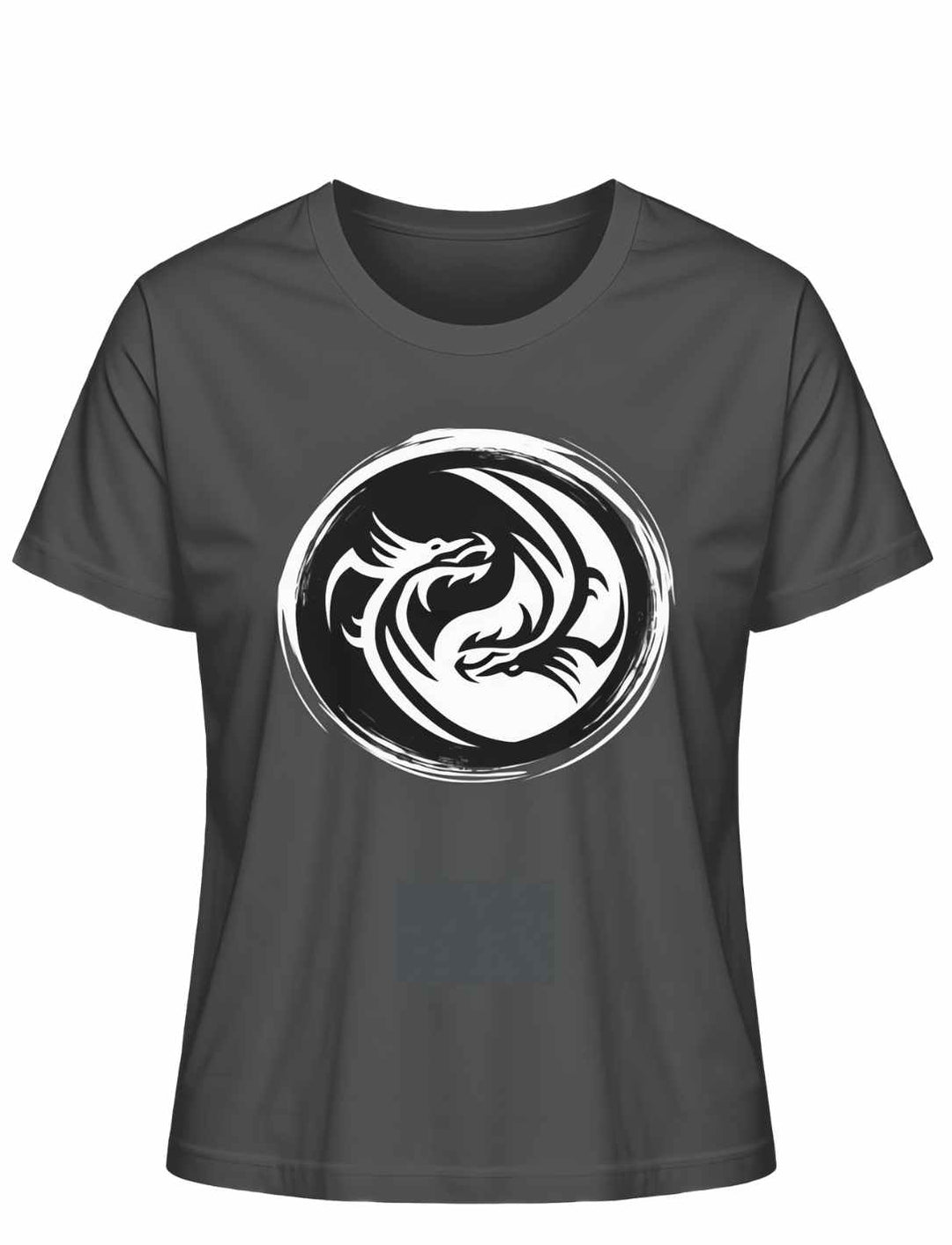 Anthrazit 'Drachensiegel des Gleichgewichts' T-Shirt mit Yin-Yang-Drachenmotiv auf weißem Grund.