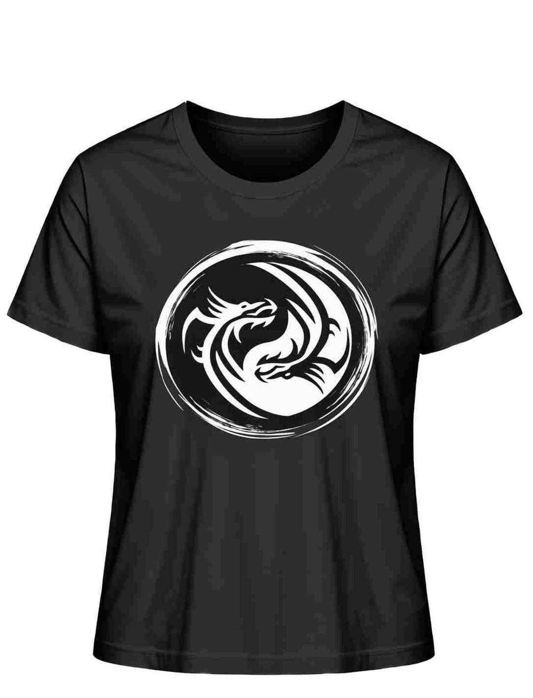 Schwarzes 'Drachensiegel des Gleichgewichts' T-Shirt mit Yin-Yang-Drachenmotiv auf weißem Grund.